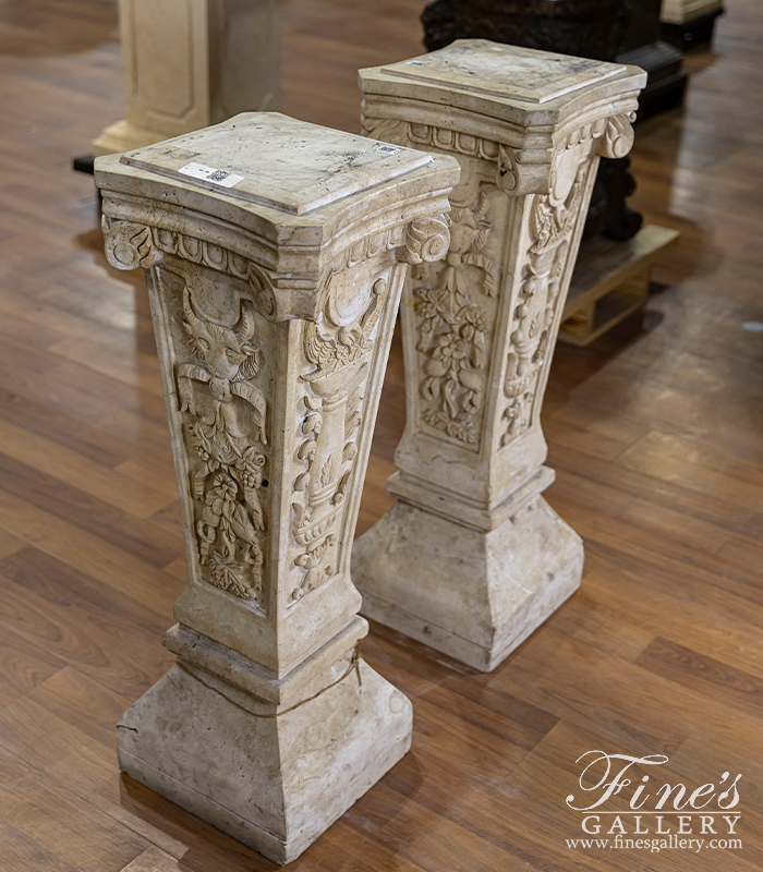 Marble Bases  - Ornate Hand Carved Pedestals In Light Travertine - MBS-080